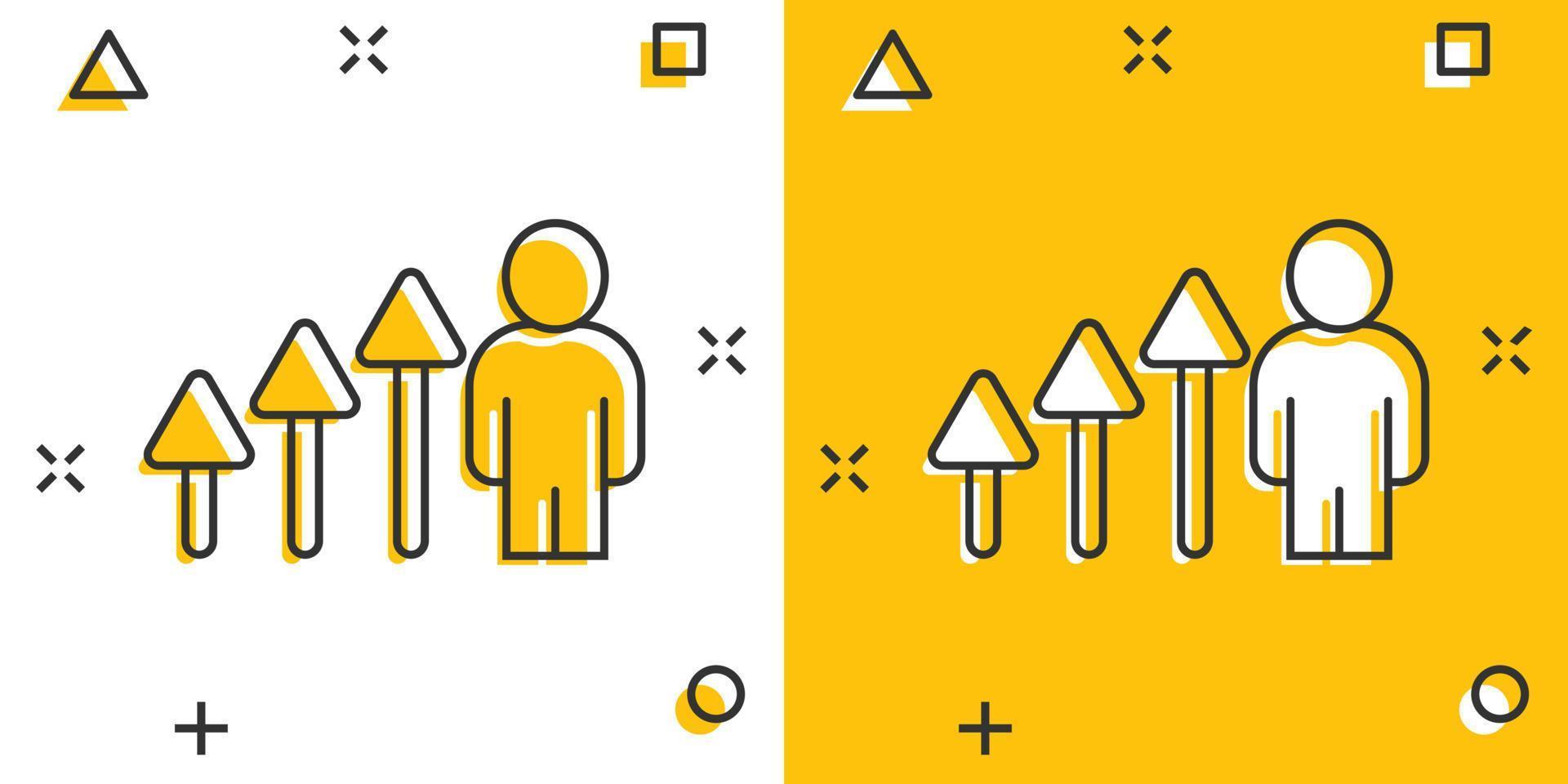 personas con icono de flecha de crecimiento en estilo cómico. ilustración de vector de dibujos animados de estrategia de trabajo sobre fondo blanco aislado. concepto de negocio de efecto de salpicadura de entrenamiento de oficina.