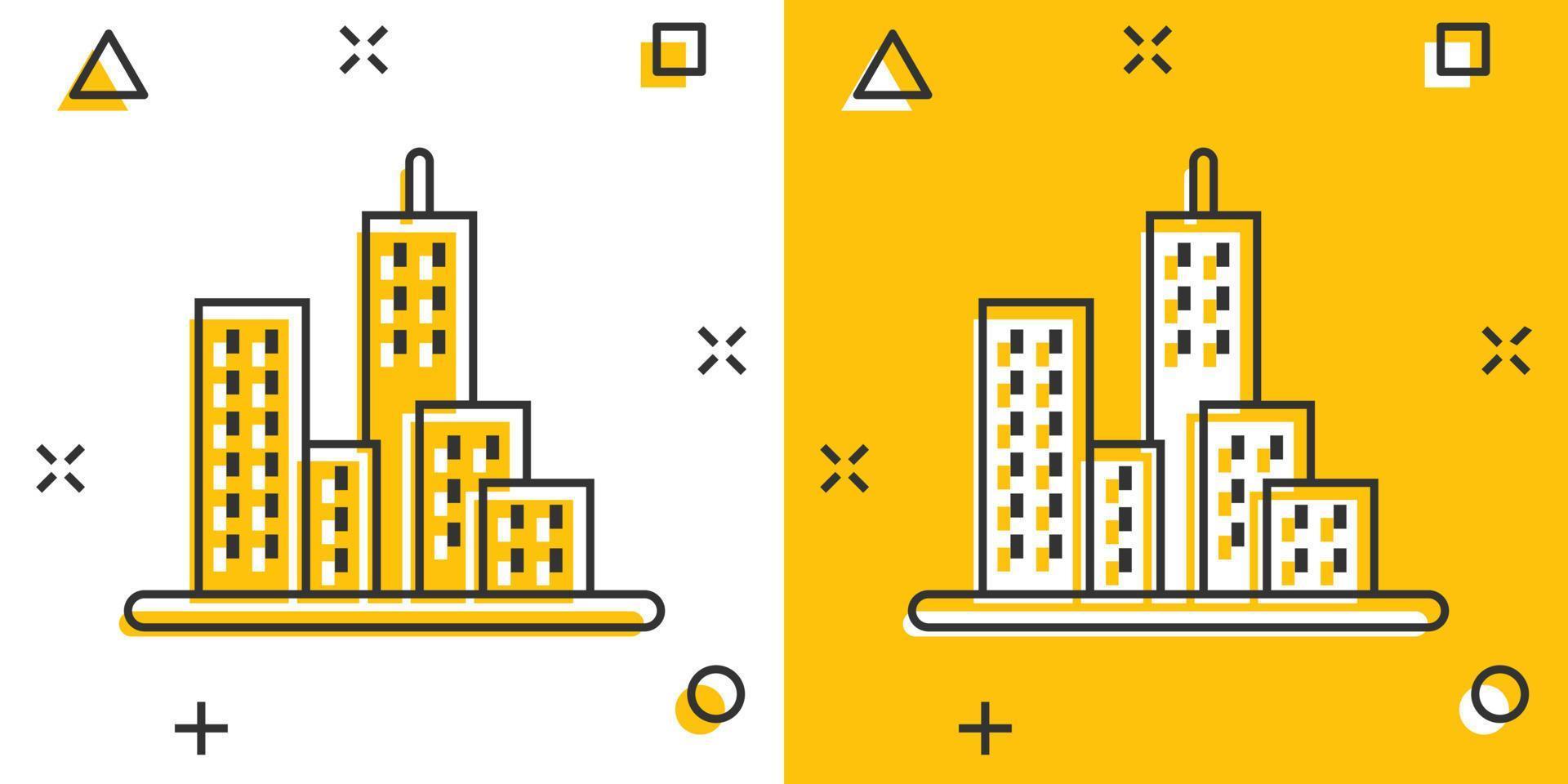 icono de construcción en estilo cómico. ciudad rascacielos apartamento dibujos animados vector ilustración sobre fondo blanco aislado. concepto de negocio de efecto de salpicadura de torre de la ciudad.