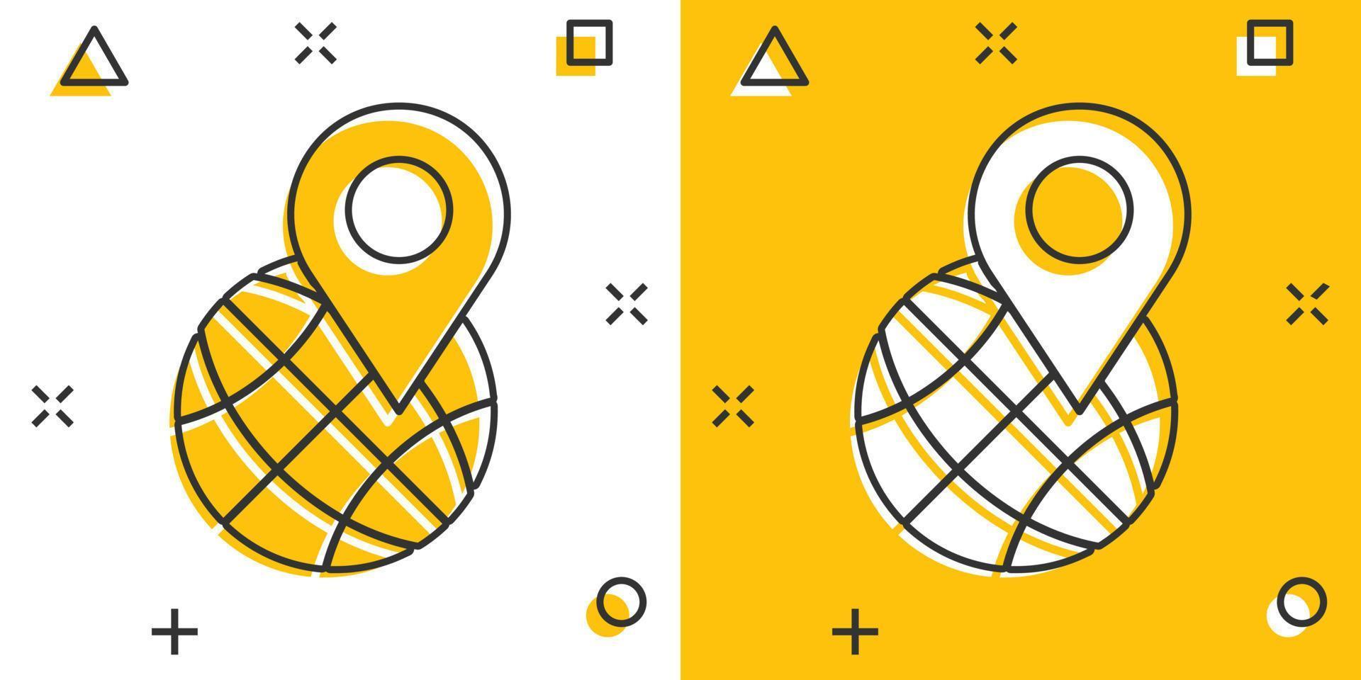 icono de navegación global en estilo cómico. globo pin gps dibujos animados vector ilustración sobre fondo blanco aislado. concepto de negocio de efecto de salpicadura de dirección del planeta.