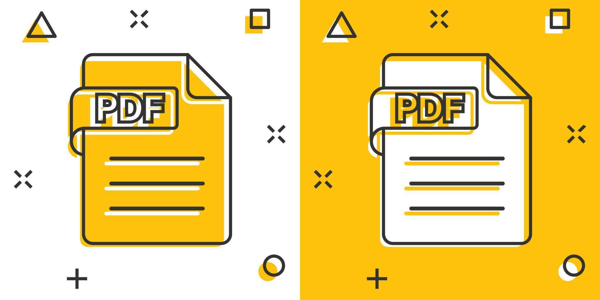 Pdf icon in comic style. Document text vector cartoon illustration on white isolated background. Archive splash effect business concept.