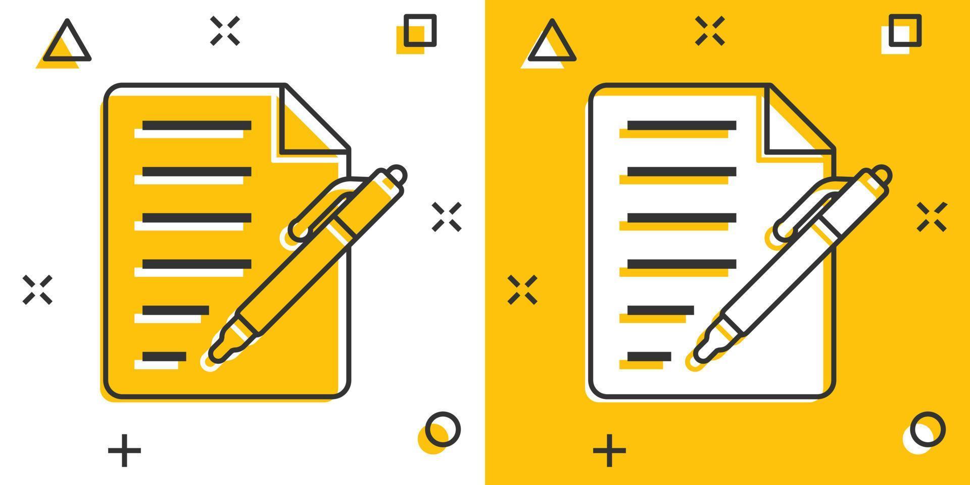 Document with pen icon in comic style. Notepad vector cartoon illustration on white isolated background. Office stationery splash effect business concept.