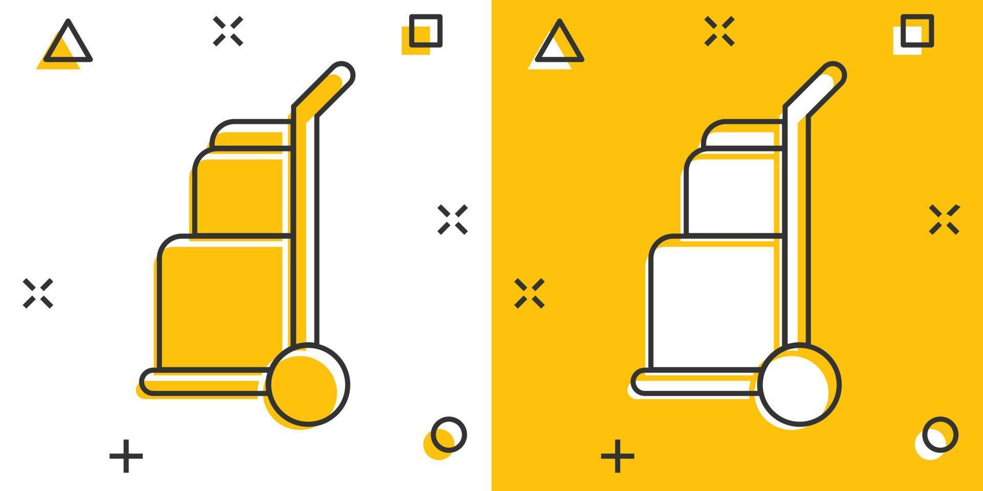 Cargo trolley icon in comic style. Delivery box cartoon vector illustration on white isolated background. Box shipping splash effect business concept.