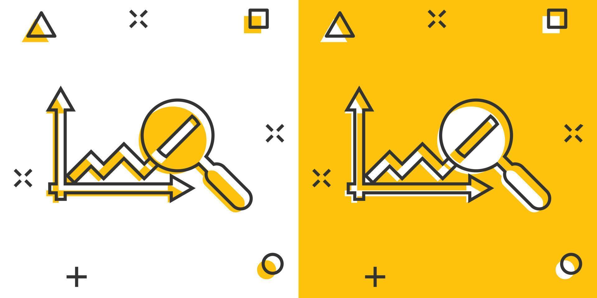 Market trend icon in comic style. Growth arrow with magnifier cartoon vector illustration on white isolated background. Increase splash effect business concept.