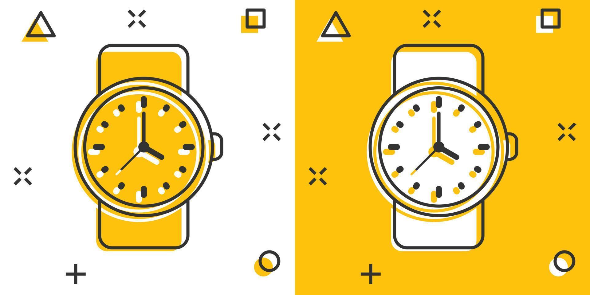 Wrist watch icon in comic style. Hand clock cartoon vector illustration on white isolated background. Time bracelet splash effect business concept.