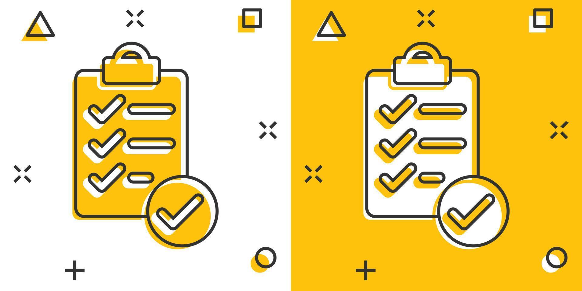 To do list icon in comic style. Document checklist cartoon vector illustration on white isolated background. Notepad check mark splash effect business concept.