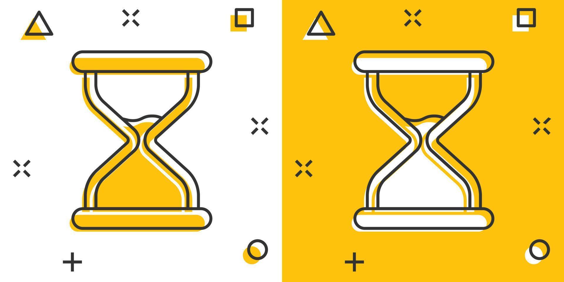 Hourglass icon in comic style. Sandglass cartoon vector illustration on white isolated background. Clock splash effect business concept.