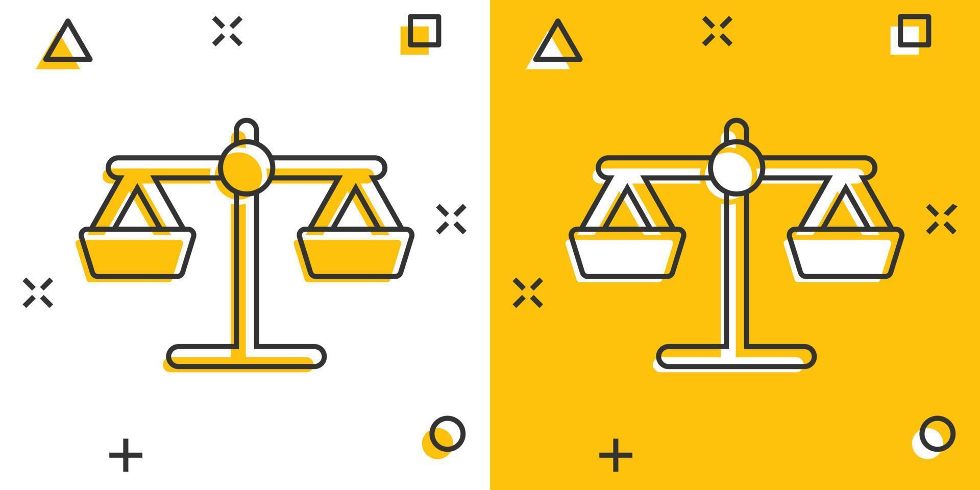 icono de equilibrio de escala en estilo cómico. ilustración de vector de dibujos animados de justicia sobre fondo blanco aislado. concepto de negocio de efecto de salpicadura de juicio.