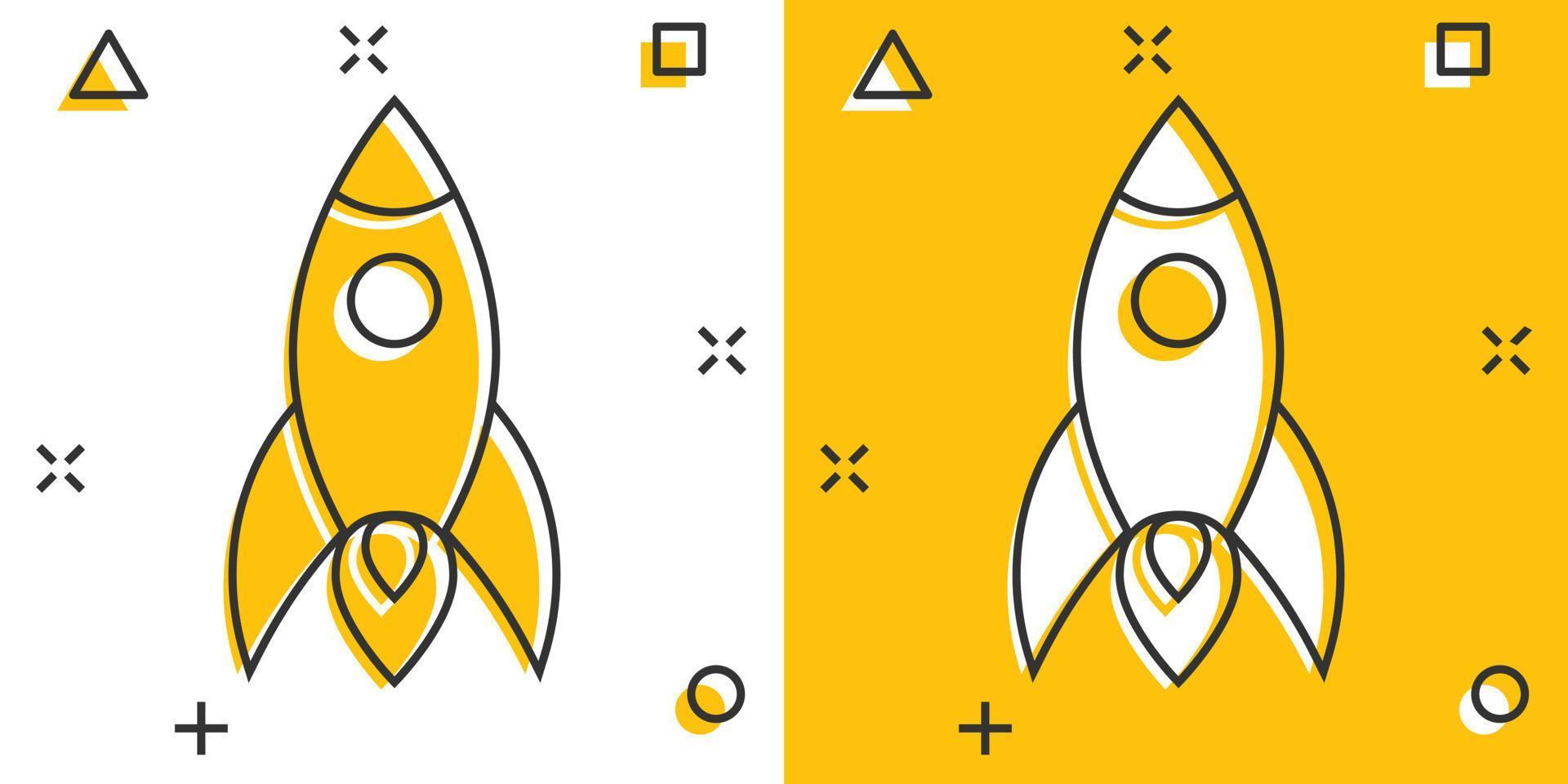 Rocket icon in comic style. Spaceship launch cartoon vector illustration on white isolated background. Sputnik splash effect business concept.