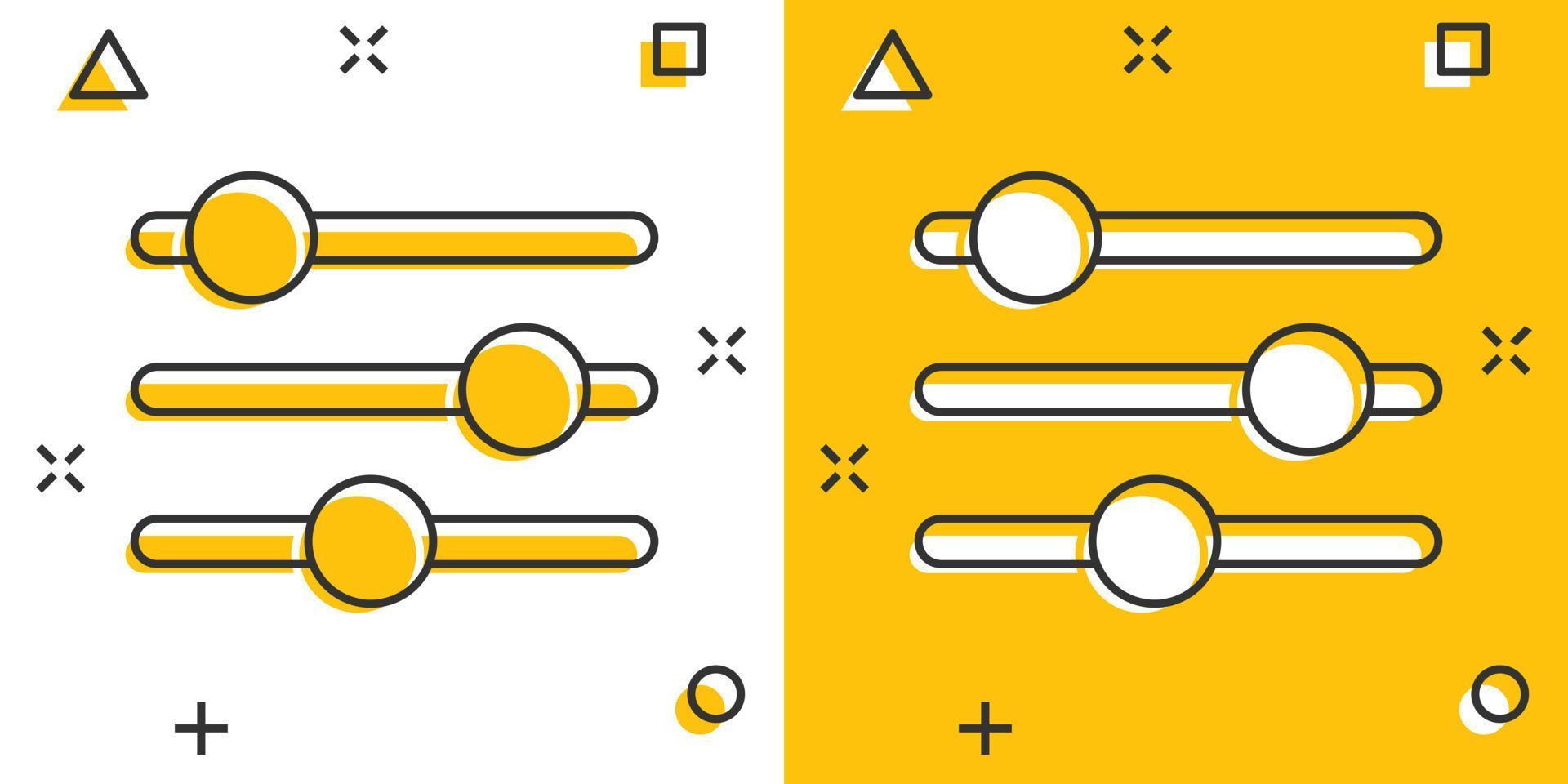 icono de volumen de control en estilo cómico. Ilustración de vector de signo de dibujos animados de ajuste de audio sobre fondo blanco aislado. concepto de negocio de efecto de salpicadura de filtro.