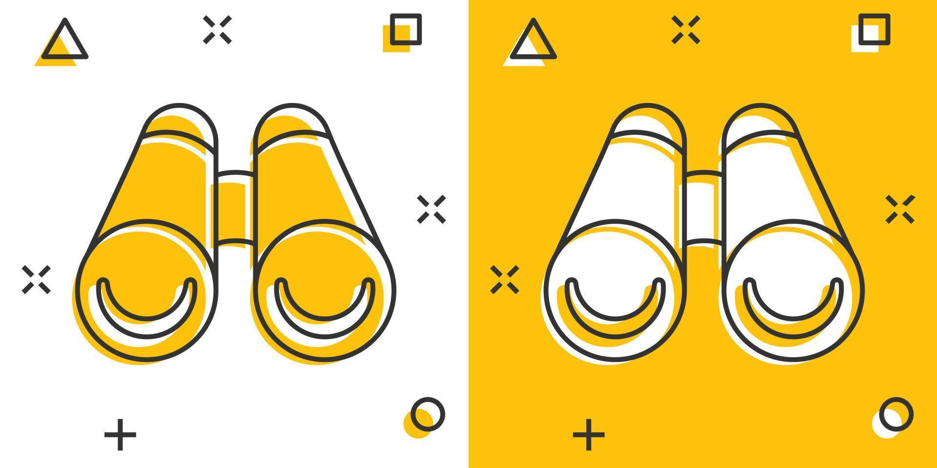 icono binocular en estilo cómico. buscar ilustración vectorial de dibujos animados sobre fondo blanco aislado. concepto de negocio de efecto de salpicadura de zoom. vector