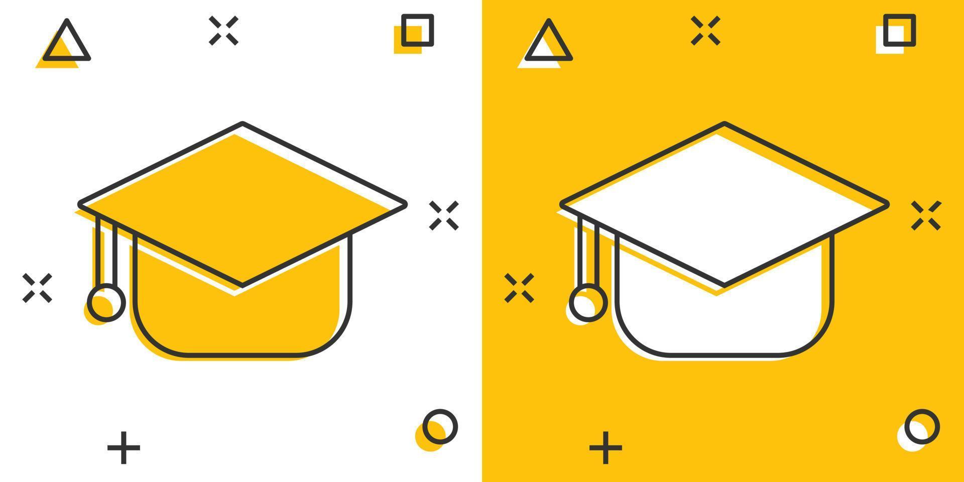 Graduation hat icon in comic style. Student cap cartoon vector illustration on white isolated background. University splash effect business concept.