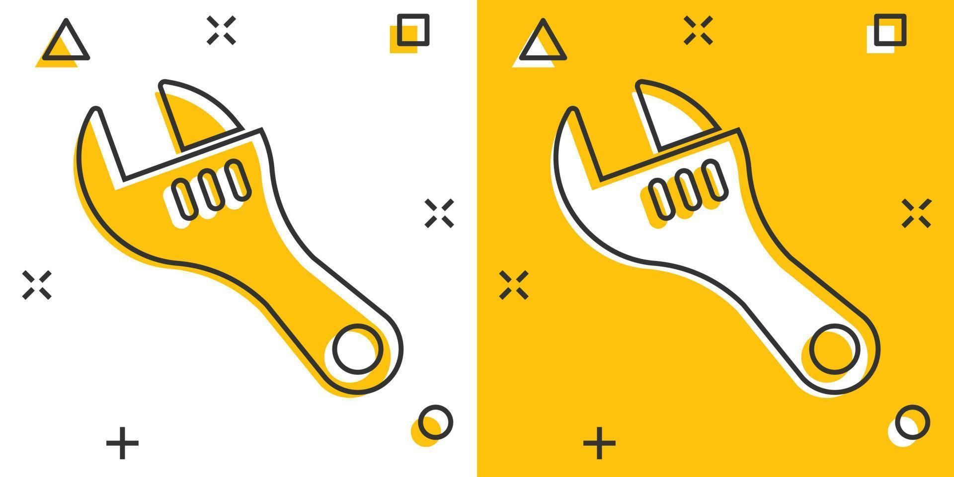 Wrench icon in comic style. Spanner key cartoon vector illustration on white isolated background. Repair equipment splash effect business concept.