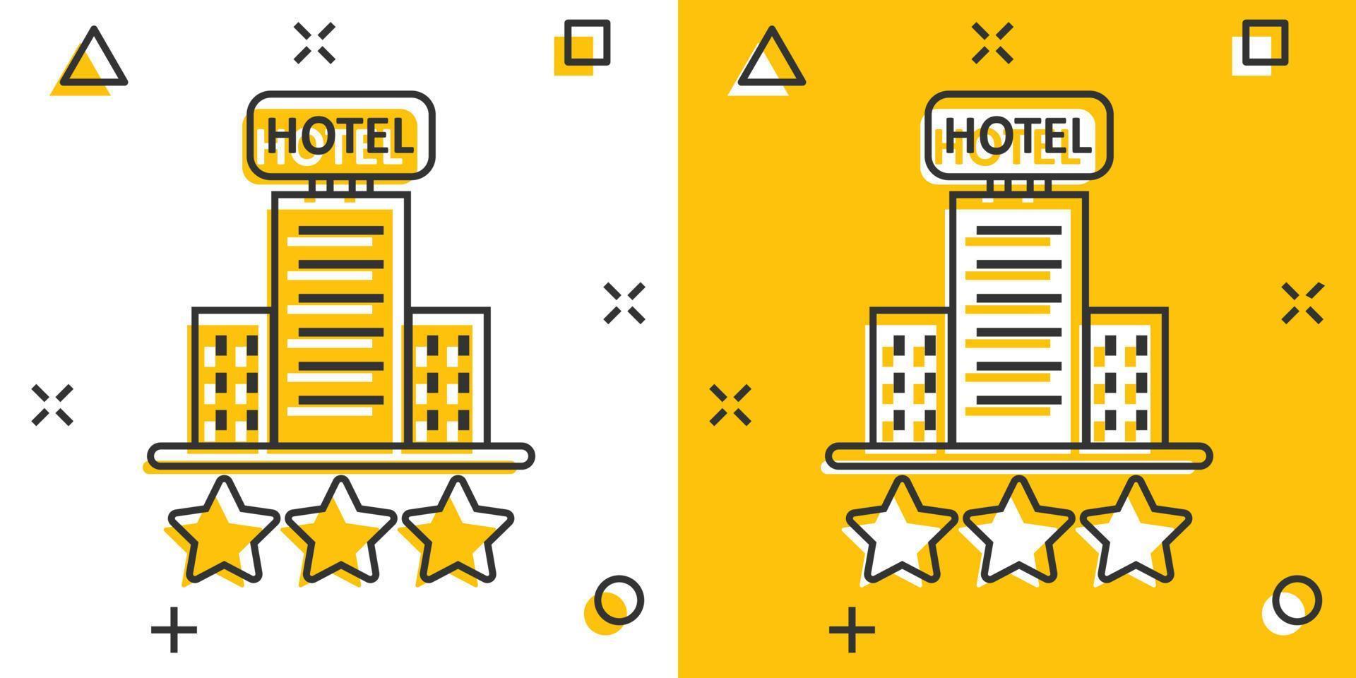 Hotel 3 stars sign icon in comic style. Inn building cartoon vector illustration on white isolated background. Hostel room splash effect business concept.