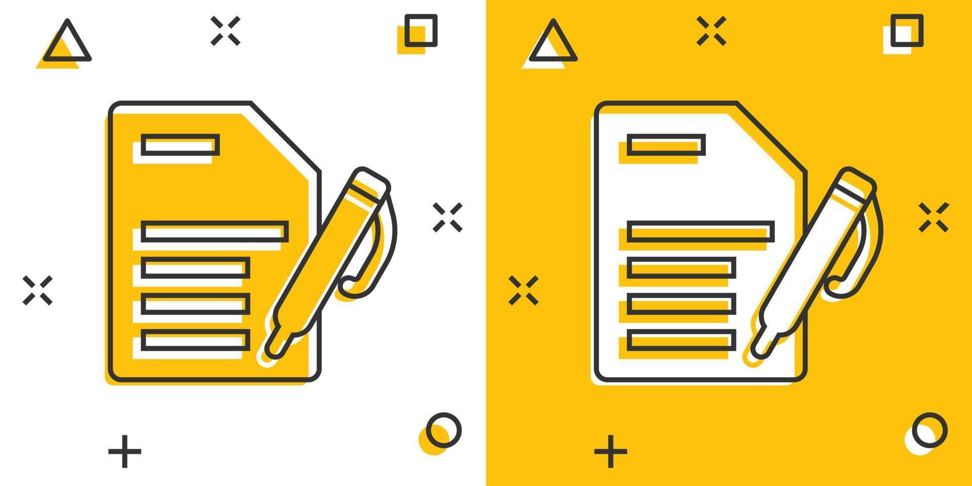 Blogging icon in comic style. Document with pen cartoon vector illustration on white isolated background. Content splash effect business concept.