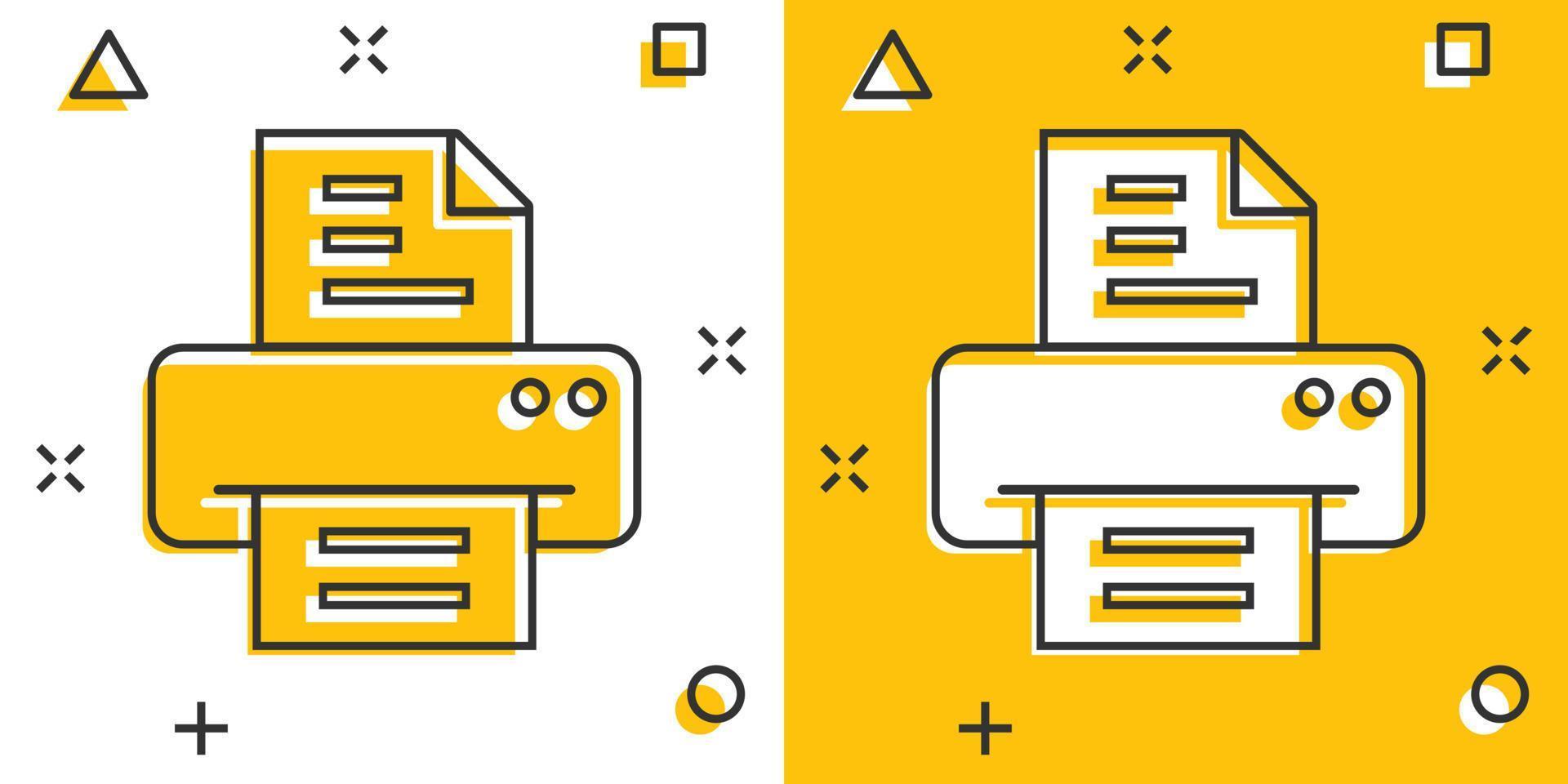 icono de impresora de oficina en estilo cómico. ilustración vectorial de dibujos animados de fax sobre fondo blanco aislado. concepto de negocio de efecto de salpicadura de impresión de texto. vector