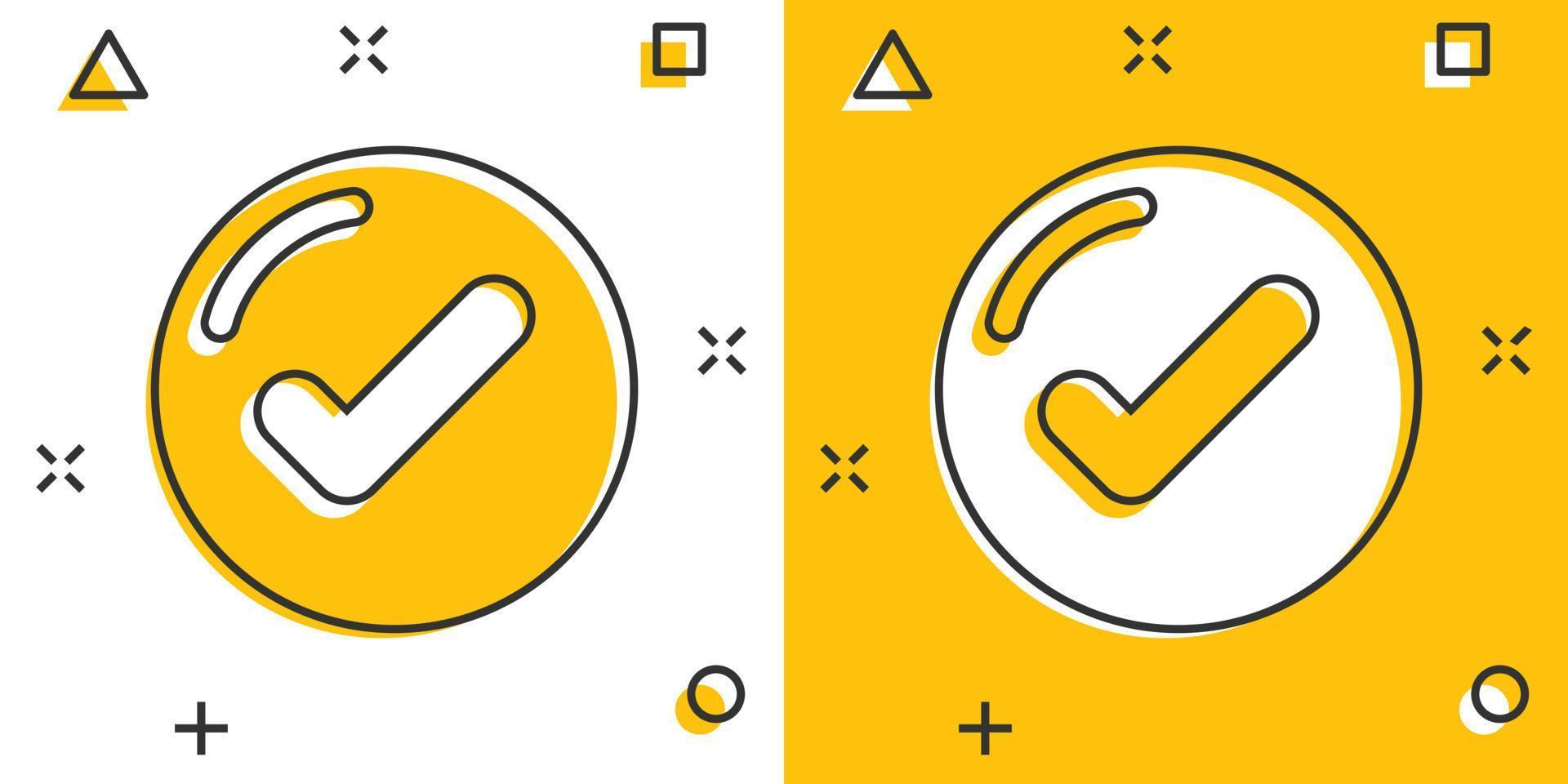 icono de signo de marca de verificación en estilo cómico. confirmar ilustración de vector de dibujos animados de botón sobre fondo blanco aislado. concepto de negocio de efecto de salpicadura aceptado.