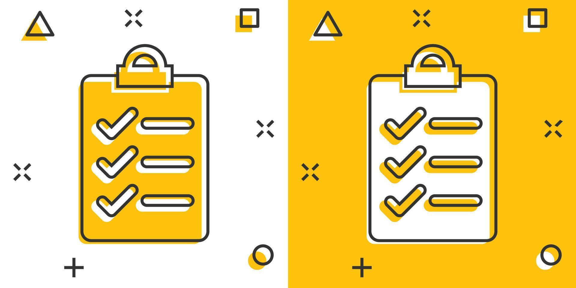 To do list icon in comic style. Document checklist cartoon vector illustration on white isolated background. Notepad check mark splash effect business concept.