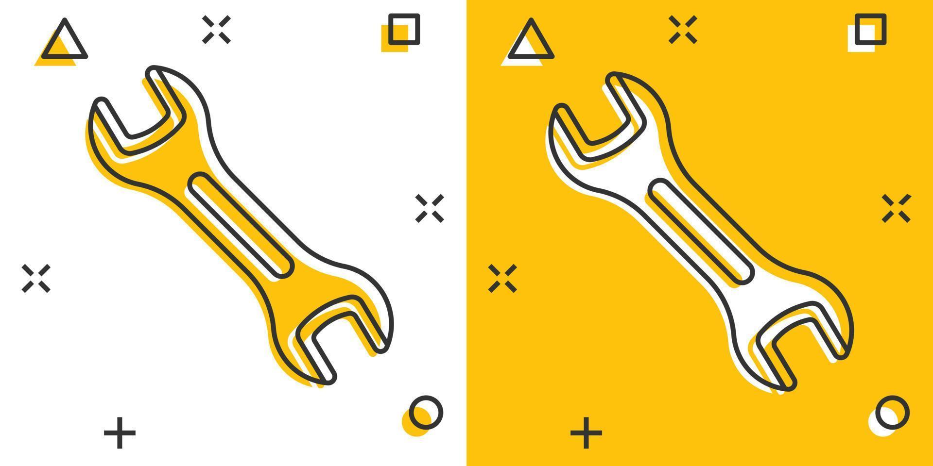 Wrench icon in comic style. Spanner key cartoon vector illustration on white isolated background. Repair equipment splash effect business concept.