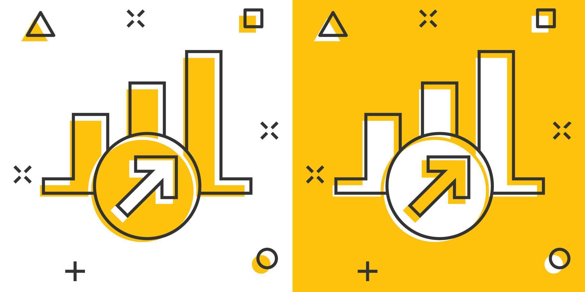 Market trend icon in comic style. Growth arrow with magnifier cartoon vector illustration on white isolated background. Increase splash effect business concept.