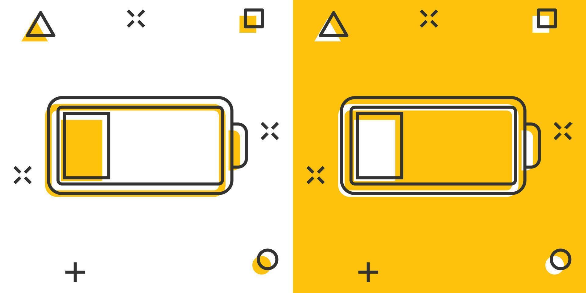 Battery charge icon in comic style. Power level cartoon vector illustration on white isolated background. Lithium accumulator splash effect business concept.