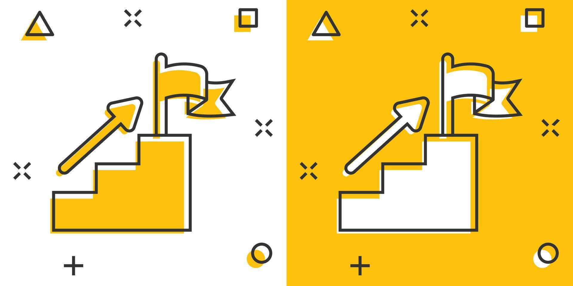 escalera con icono de bandera de acabado en estilo cómico. ilustración de vector de dibujos animados de desafío de liderazgo sobre fondo blanco. concepto de negocio de efecto de salpicadura de crecimiento profesional.