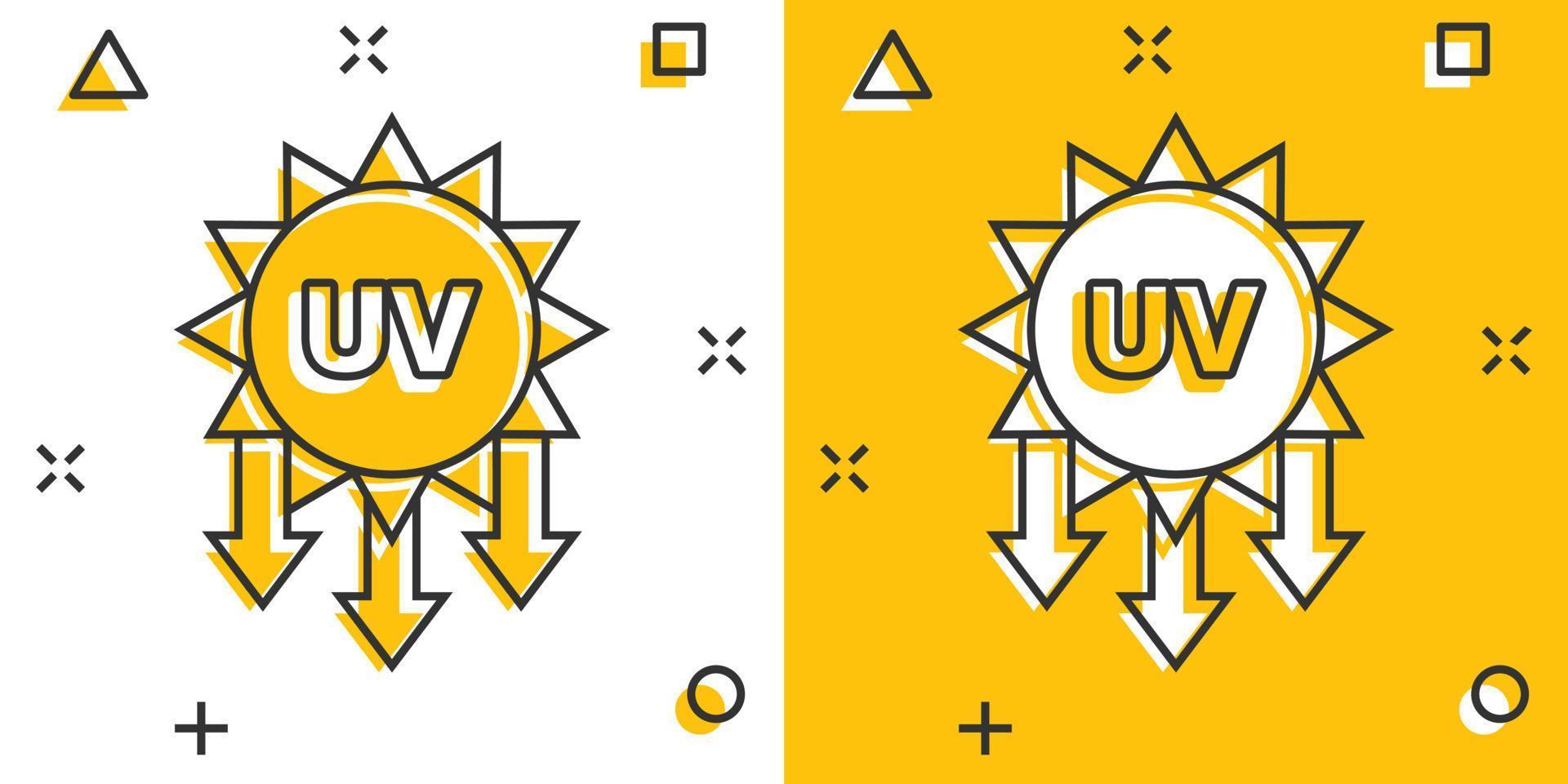 icono de radiación ultravioleta en estilo cómico. ilustración de vector de dibujos animados ultravioleta sobre fondo blanco aislado. concepto de negocio de efecto de salpicadura de protección solar.