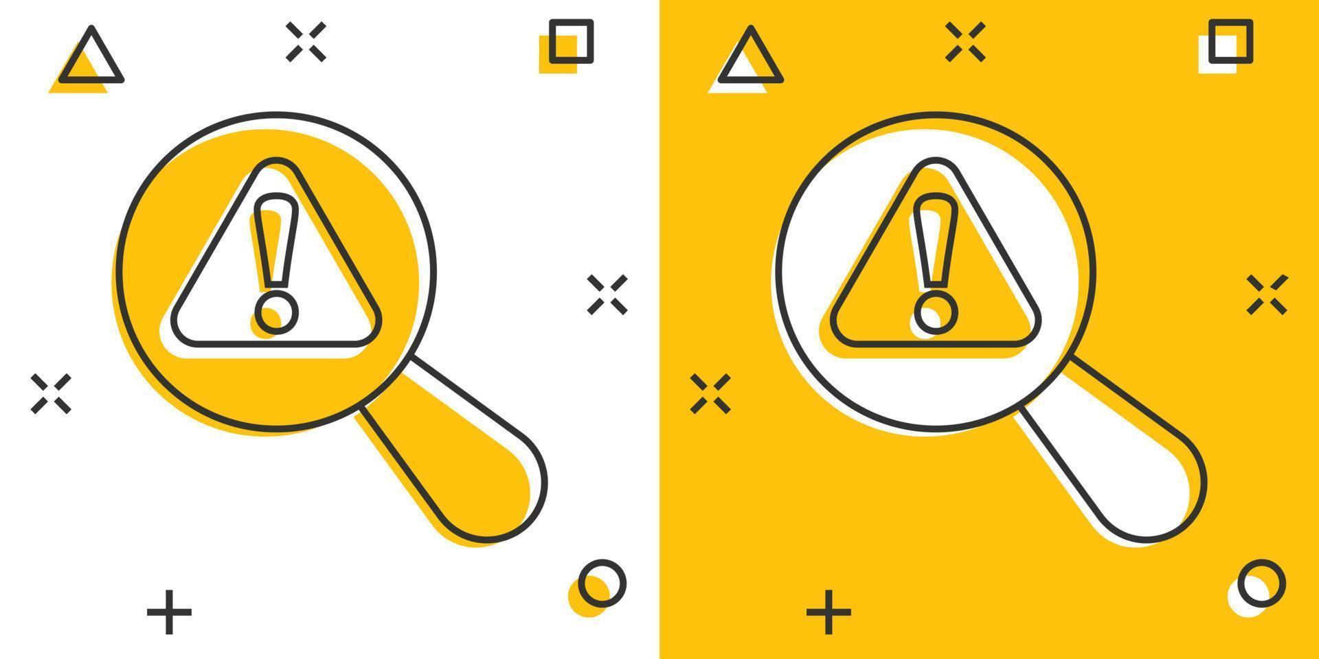 Risk analysis icon in comic style. Exclamation magnifier cartoon vector illustration on white isolated background. Attention splash effect business concept.