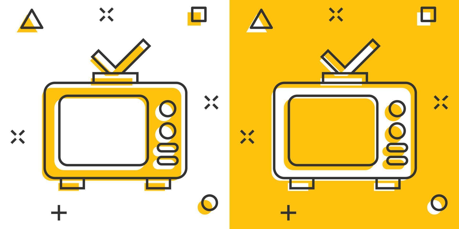 icono de tv en estilo cómico. ilustración de vector de signo de dibujos animados de televisión sobre fondo blanco aislado. concepto de negocio de efecto de salpicadura de canal de video.