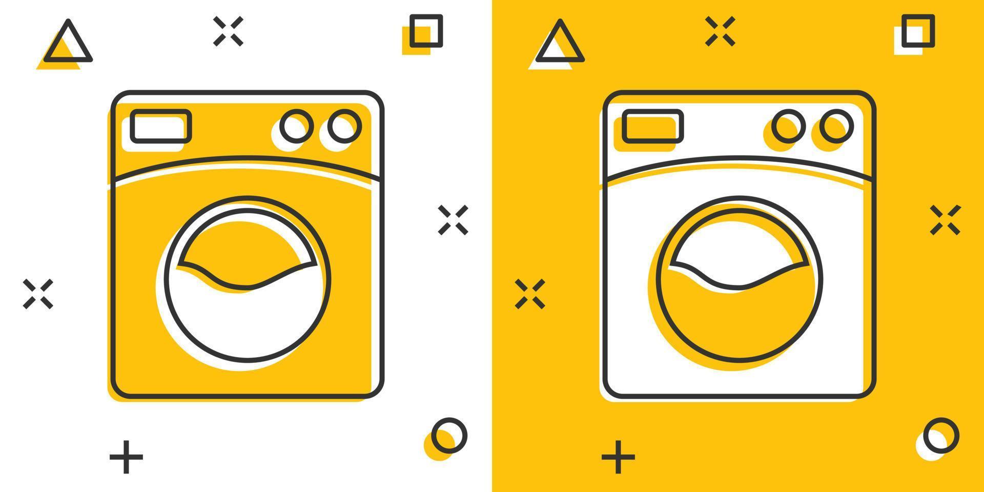 Washing machine icon in comic style. Washer cartoon vector illustration on white isolated background. Laundry splash effect business concept.