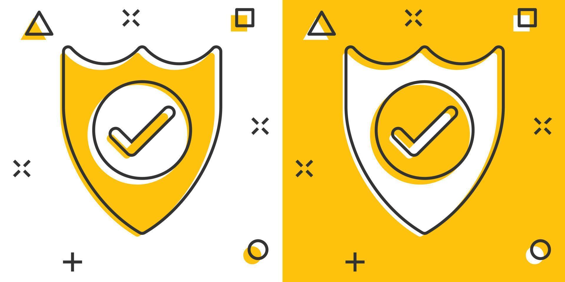 Shield with check mark icon in comic style. Protect cartoon vector illustration on white isolated background. Checkmark guard splash effect business concept.