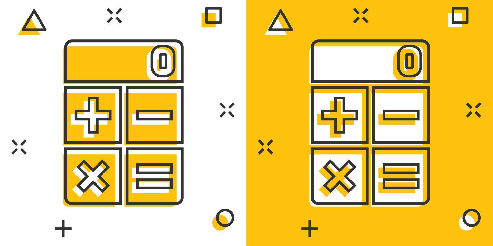 Calculator icon in comic style. Calculate cartoon vector illustration on white isolated background. Calculation splash effect business concept.