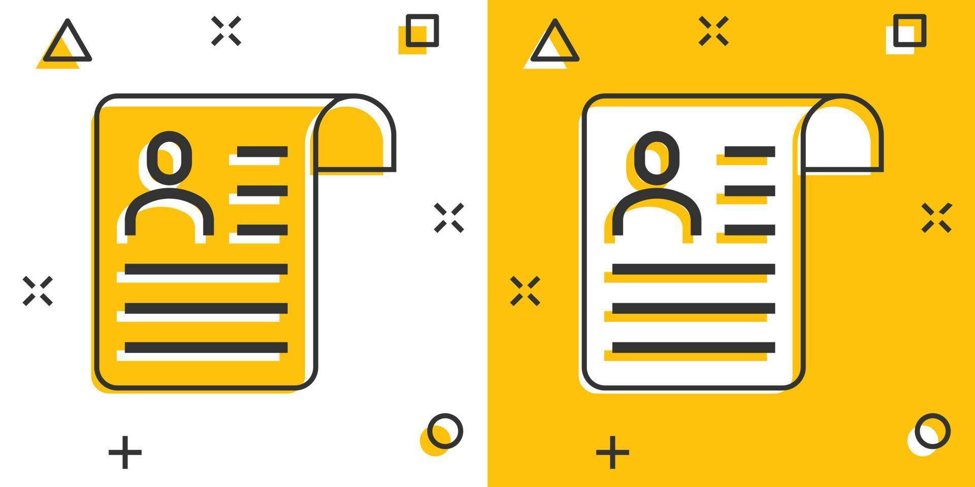 Resume icon in comic style. Contract document cartoon vector illustration on white isolated background. Paper notepad splash effect business concept.