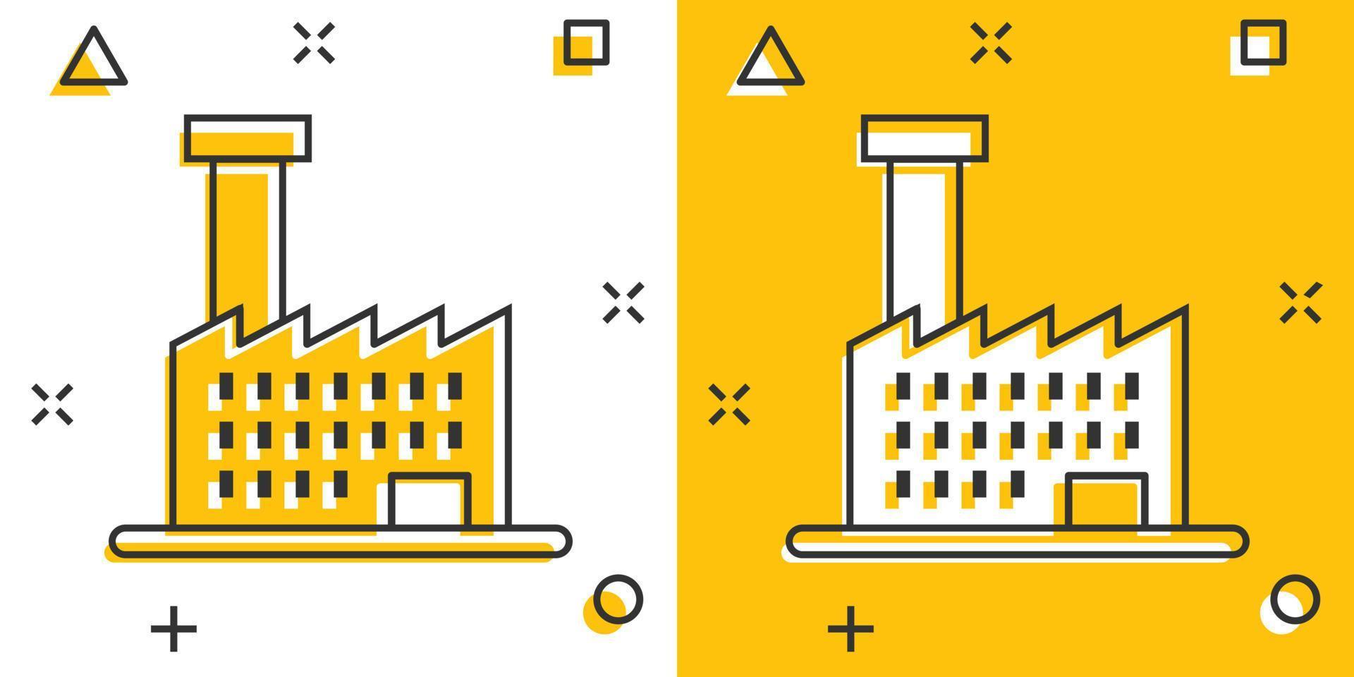 icono de construcción en estilo cómico. ilustración de vector de dibujos animados de fábrica sobre fondo blanco aislado. concepto de negocio de efecto de salpicadura de torre de la ciudad.