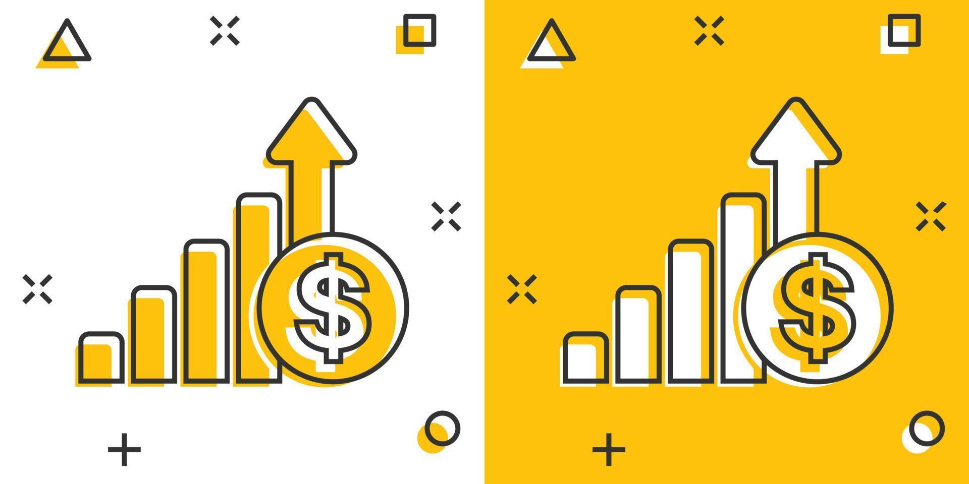 Growth arrow icon in comic style. Revenue cartoon vector illustration on white isolated background. Increase splash effect business concept.