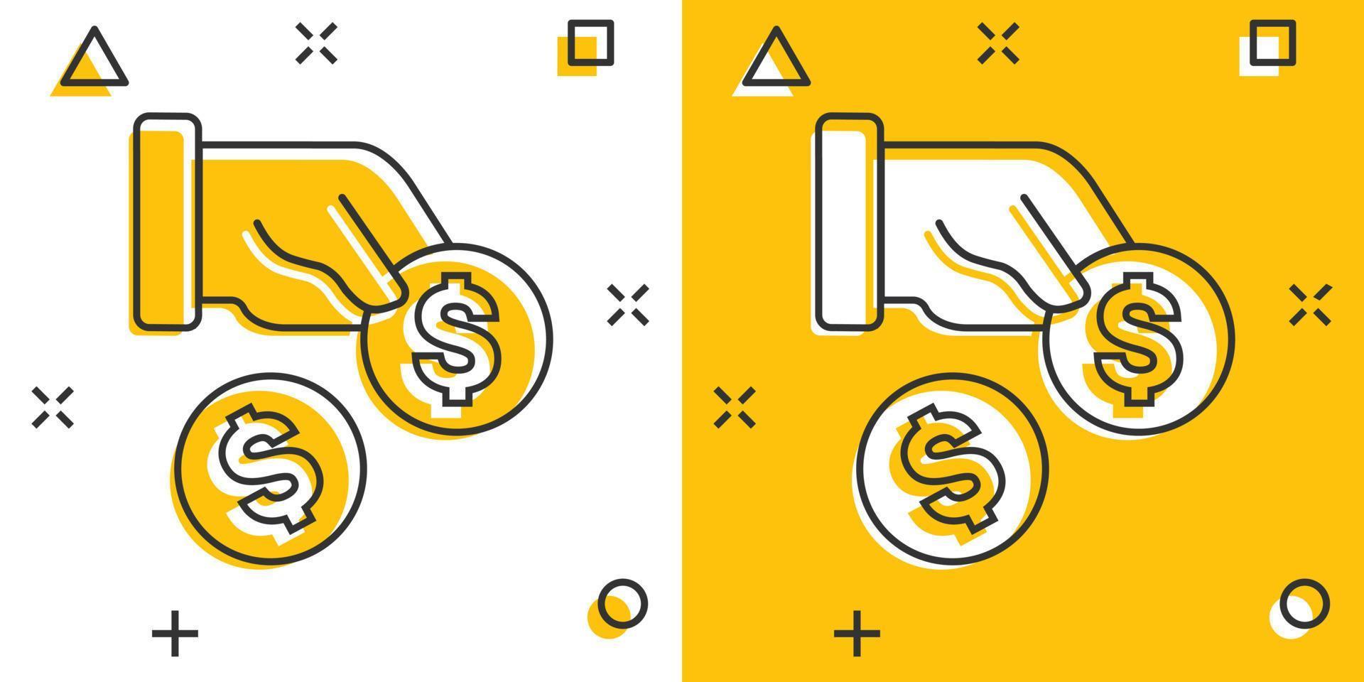 icono de remuneración en estilo cómico. dinero en la mano ilustración vectorial de dibujos animados sobre fondo blanco aislado. concepto de negocio de efecto de salpicadura de nómina de monedas. vector