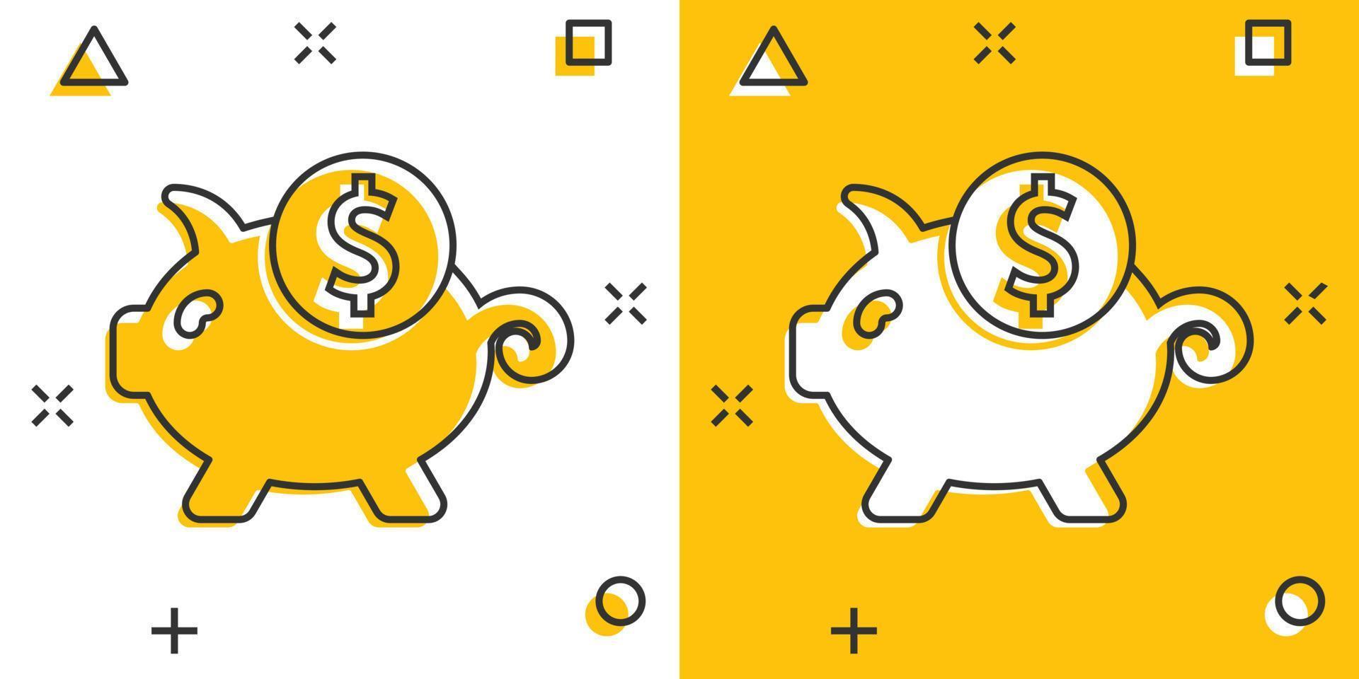 Money box icon in comic style. Pig container cartoon vector illustration on white isolated background. Piggy bank splash effect business concept.