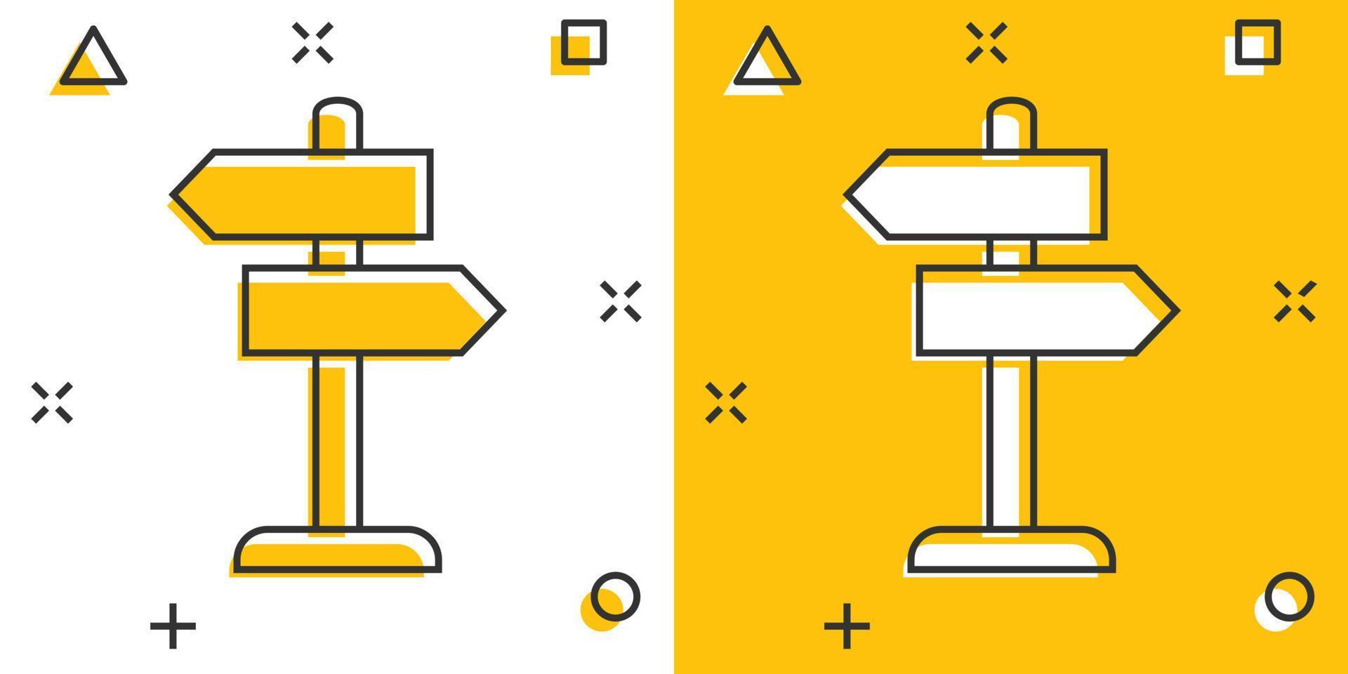 icono de poste indicador de cruce en estilo cómico. ilustración de vector de dibujos animados de dirección de carretera sobre fondo blanco aislado. concepto de negocio de efecto de salpicadura de roadsign.