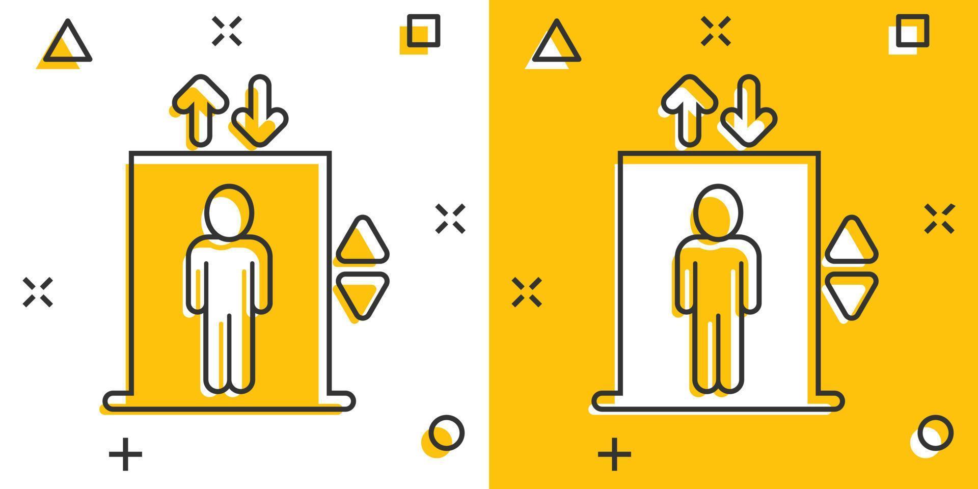 Elevator icon in comic style. Lift cartoon vector illustration on white isolated background. Passenger transportation splash effect business concept.