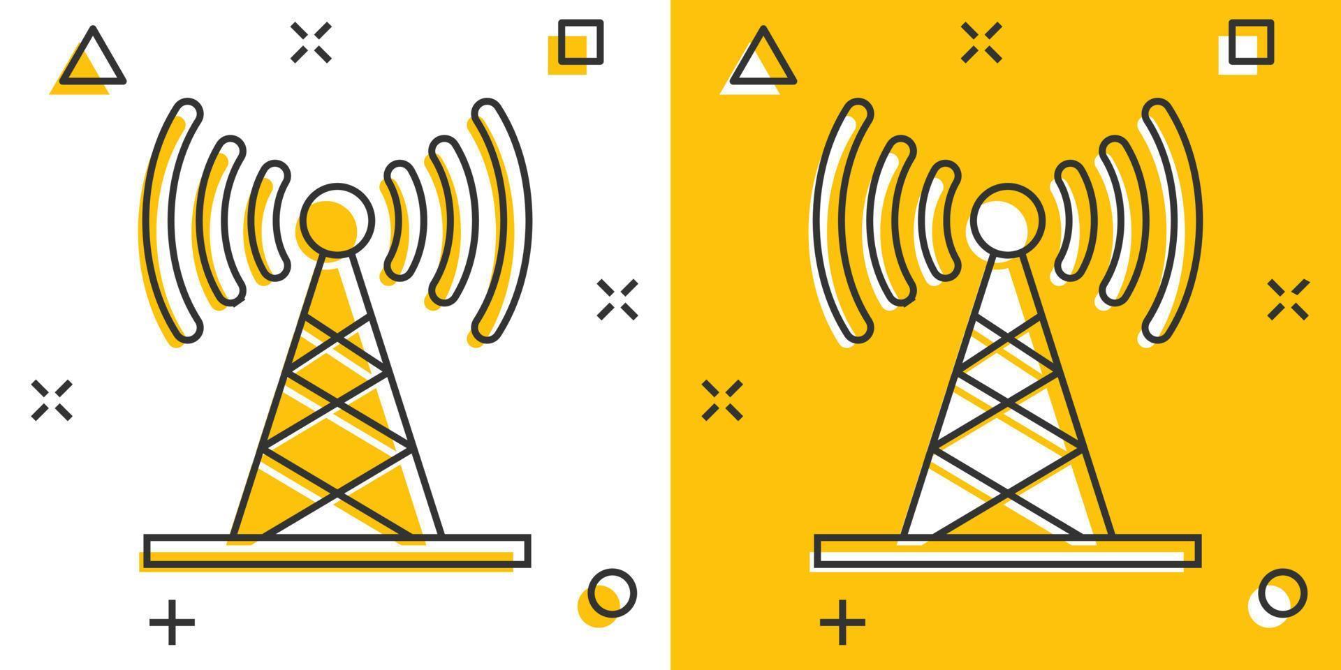 icono de torre de antena en estilo cómico. Ilustración de vector de dibujos animados de difusión sobre fondo blanco aislado. concepto de negocio de efecto de salpicadura wifi.