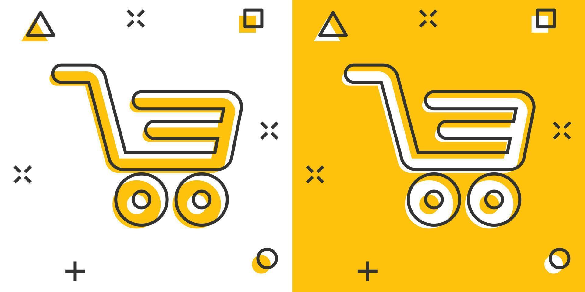 Shopping cart icon in comic style. Trolley cartoon vector illustration on white isolated background. Basket splash effect business concept.