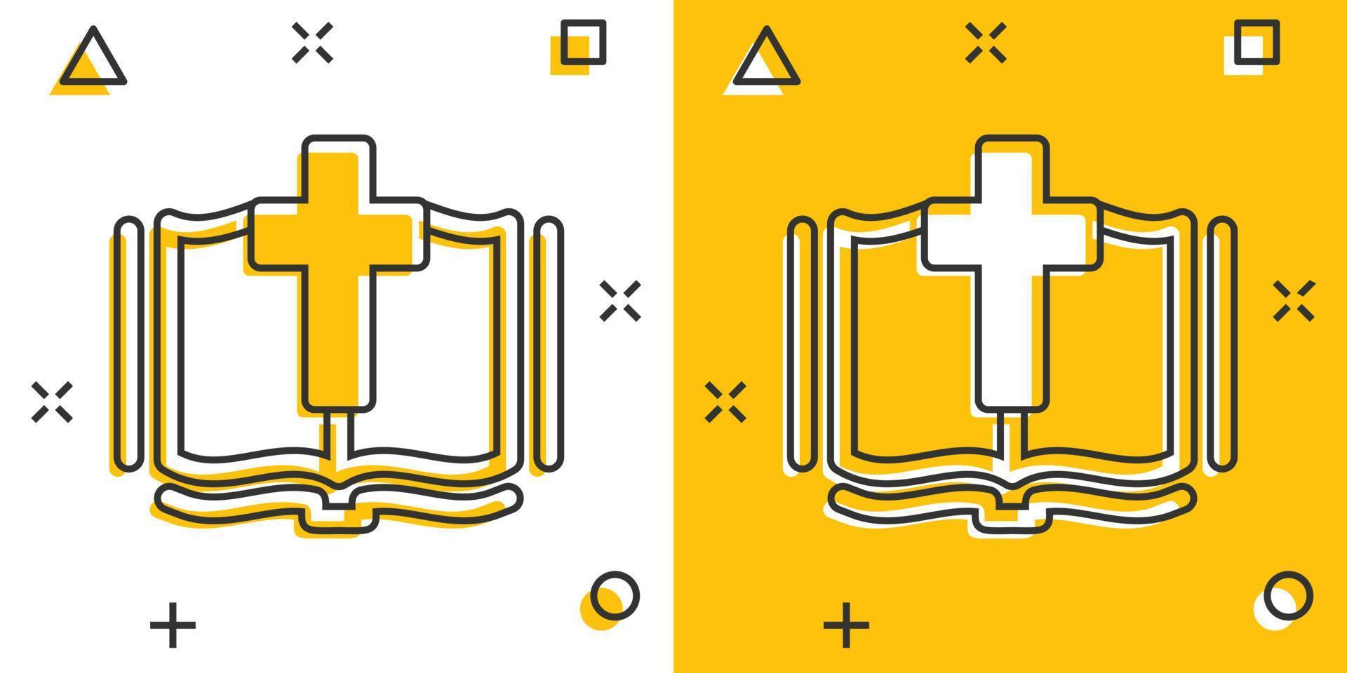 icono de libro de la biblia en estilo cómico. ilustración de vector de dibujos animados de fe de iglesia sobre fondo blanco aislado. concepto de negocio de efecto de salpicadura de espiritualidad.