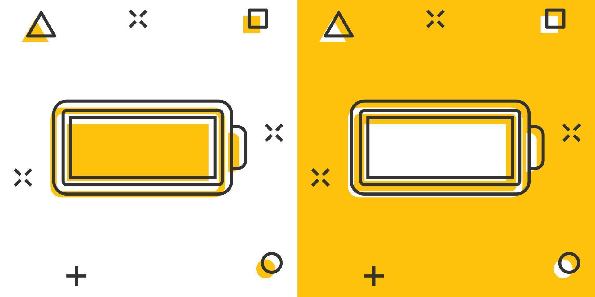 icono de carga de batería en estilo cómico. ilustración de vector de dibujos animados de nivel de potencia sobre fondo blanco aislado. concepto de negocio de efecto de salpicadura de acumulador de litio.