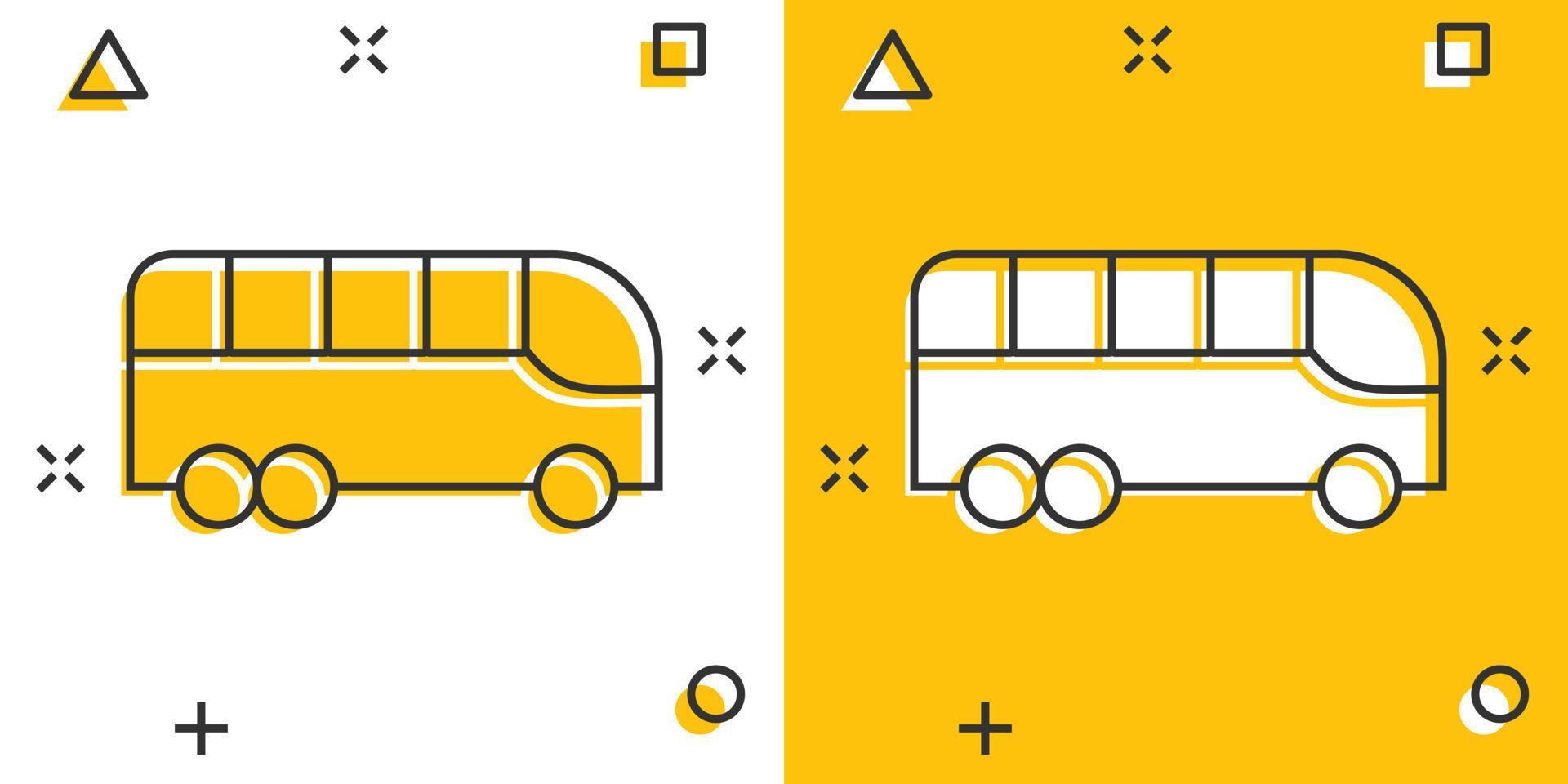 icono de autobús en estilo cómico. ilustración de vector de dibujos animados de entrenador sobre fondo blanco aislado. concepto de negocio de efecto de salpicadura de vehículo autobus.