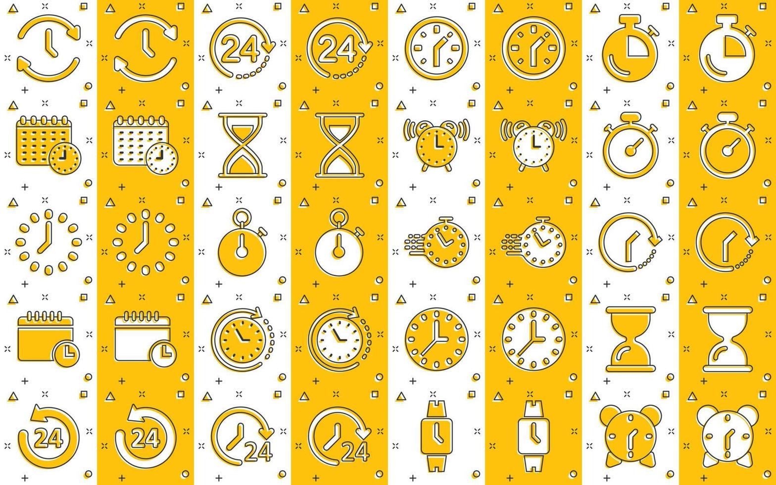 Time icon set in comic style. Agenda clock cartoon vector illustration on white isolated background. Sandglass, wristwatch timer splash effect business concept.