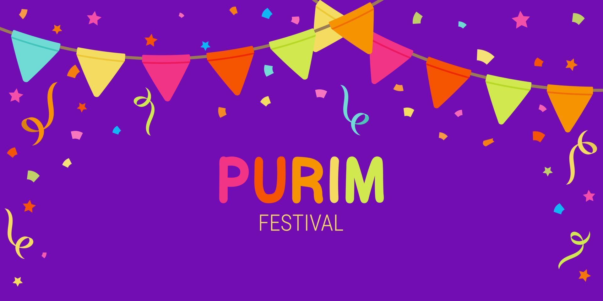 banner de carnaval feliz purim con cintas y confeti sobre fondo púrpura vector