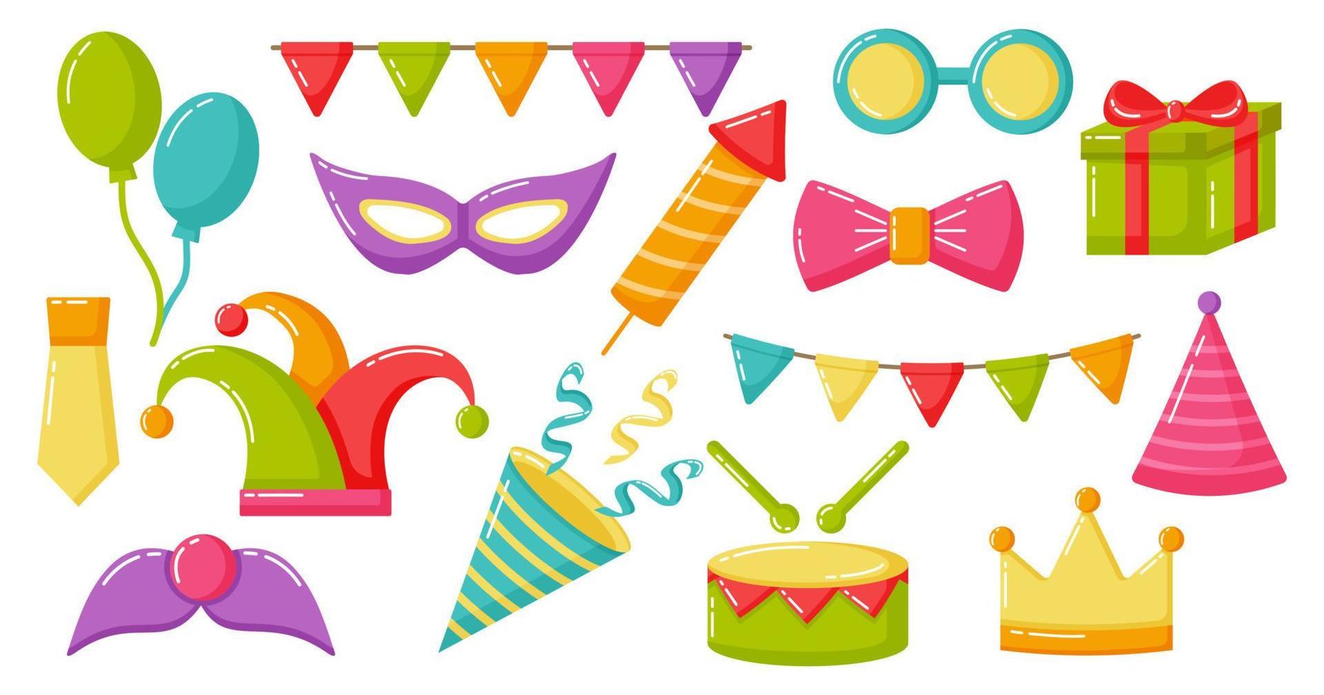 Conjunto de elementos del carnaval de Purim aislado sobre fondo blanco. vector