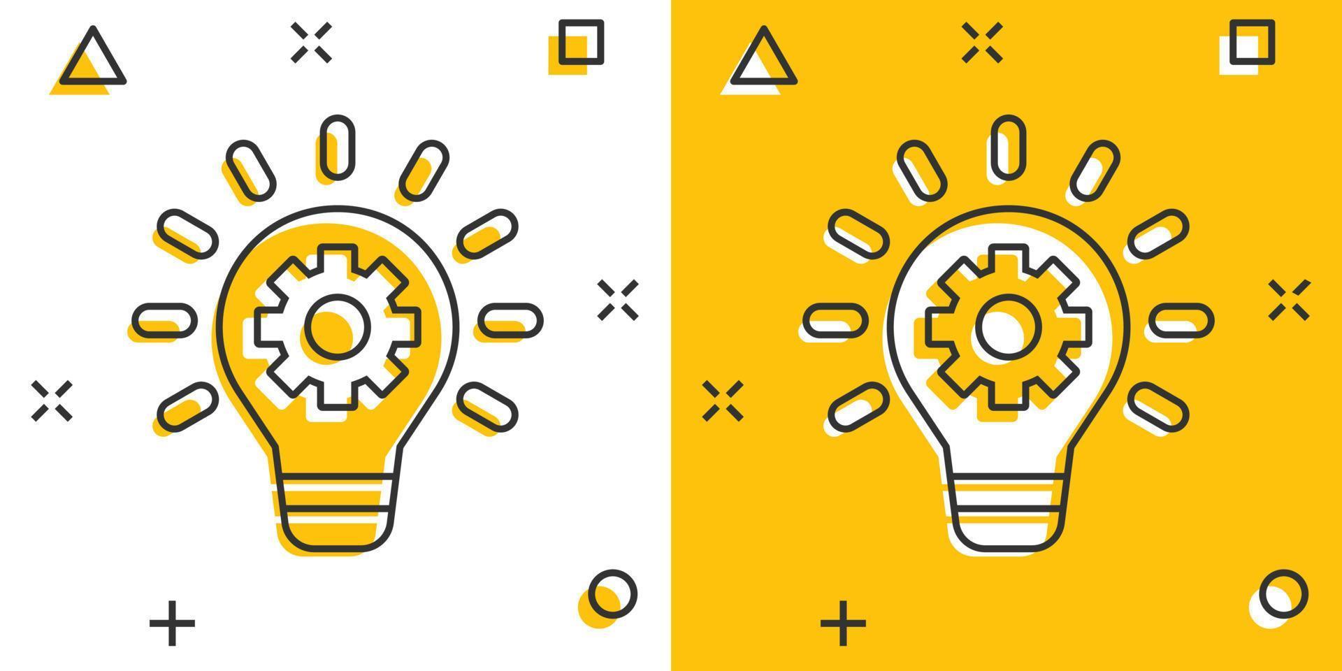 Innovation icon in comic style. Lightbulb with cogwheel cartoon vector illustration on white isolated background. Idea splash effect business concept.