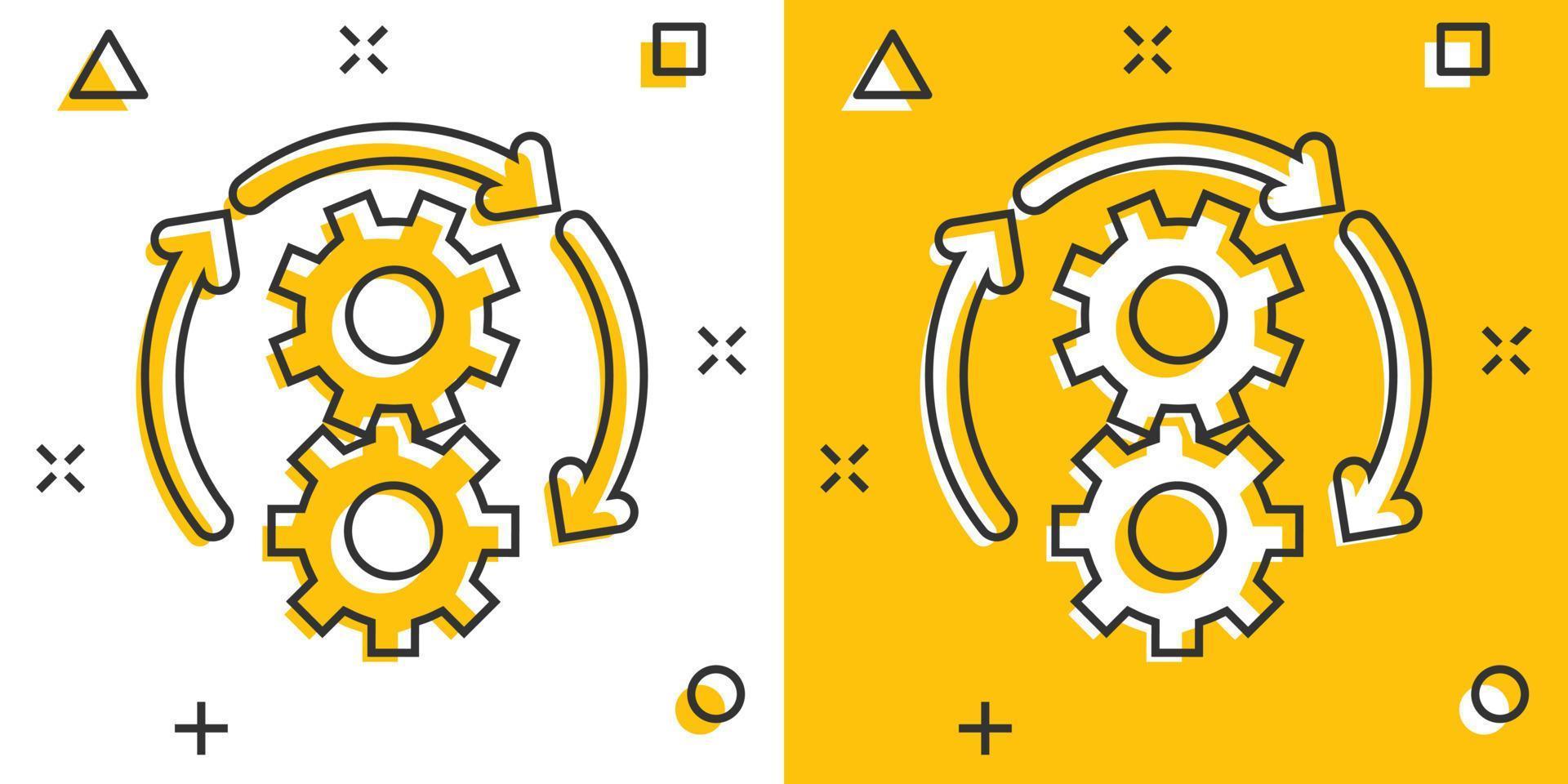 icono de flujo de trabajo en estilo cómico. Ilustración de vector de dibujos animados eficaz de engranaje sobre fondo blanco aislado. concepto de negocio de efecto de salpicadura de organización de procesos.