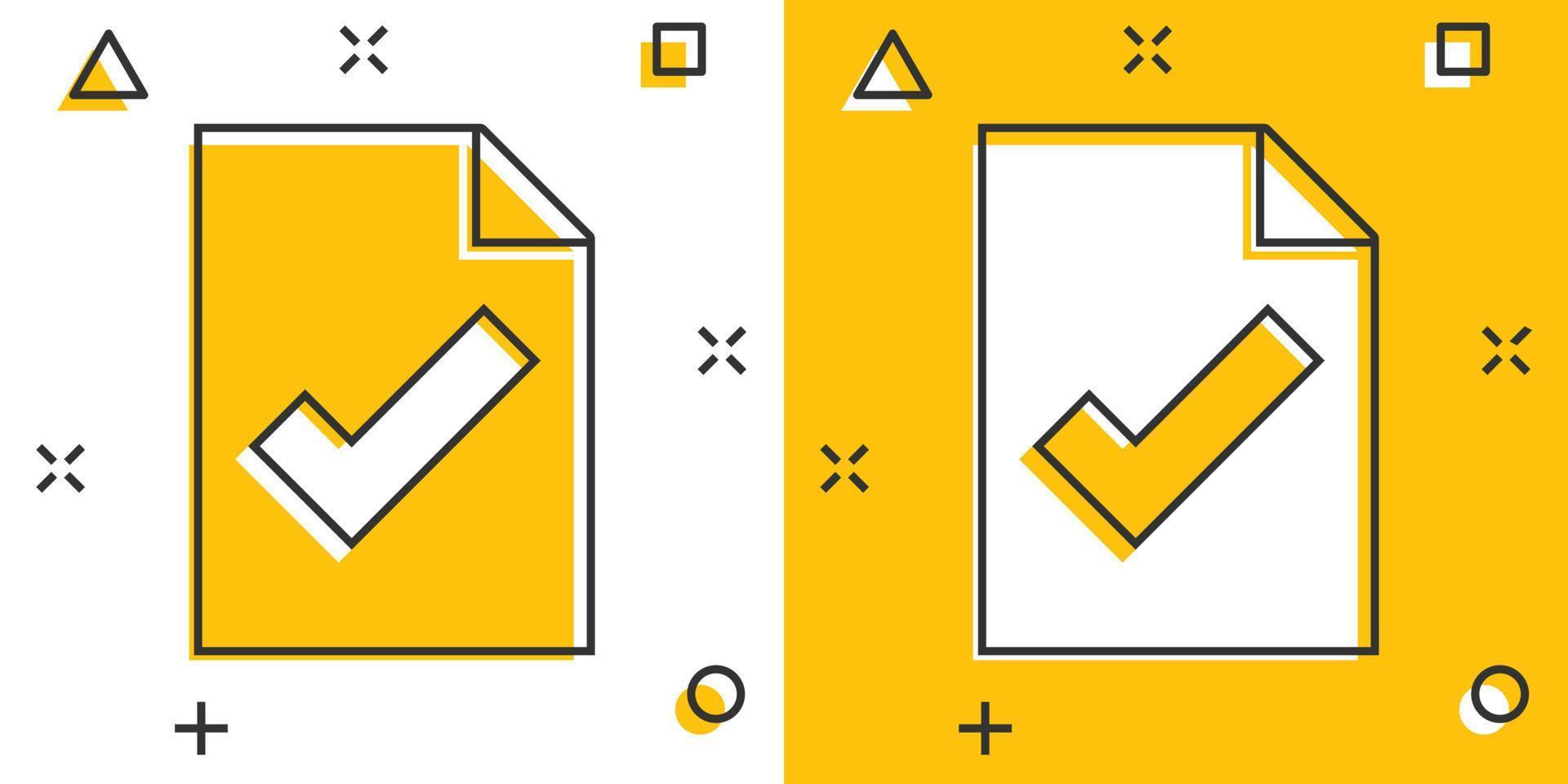 Document checklist icon in comic style. Report cartoon vector illustration on white isolated background. Paper sheet splash effect business concept.