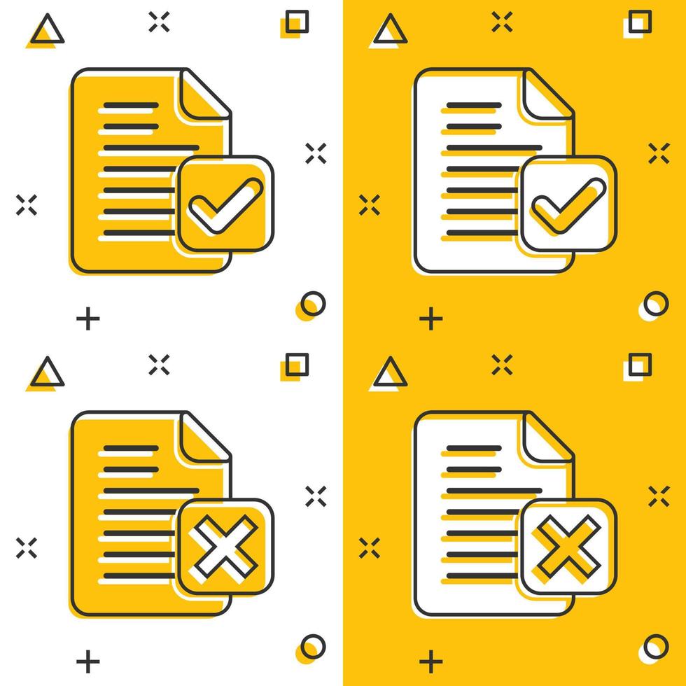 Document accepted and damaged icon in comic style. Correct, broken cartoon vector illustration on white isolated background. Check message splash effect business concept.